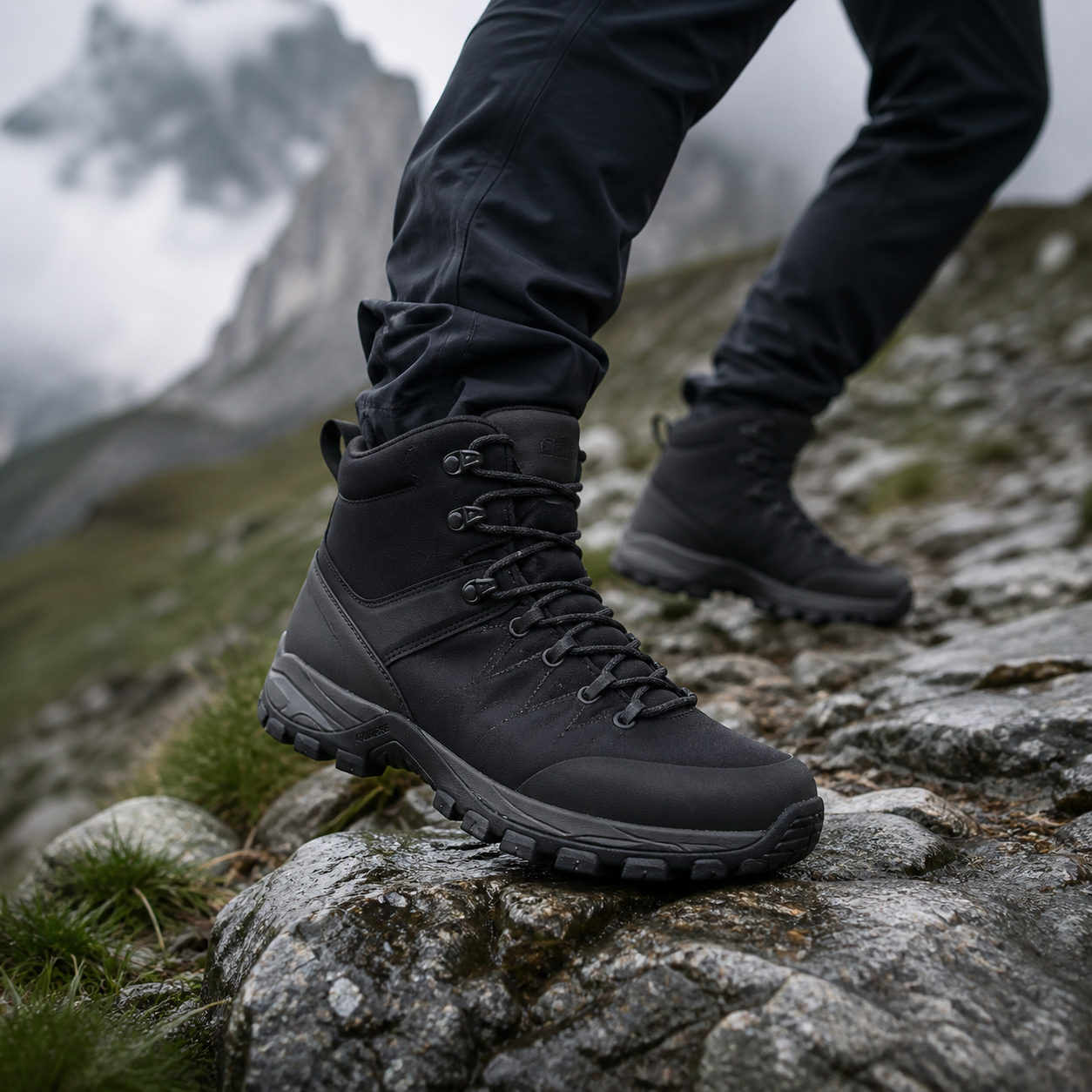 Scarponcino outdoor scuro su sentiero alpino